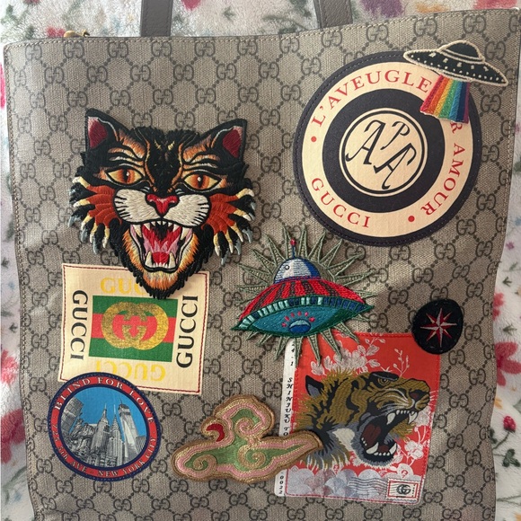 Gucci GG Supreme Patch Logo Tiger Tote Bag Brown - Picture 3 of 7